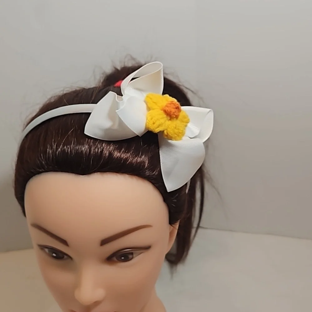Hand Crafted White Bow Hairband Hand Knit Crochet Yellow Puffy Flower Coquette